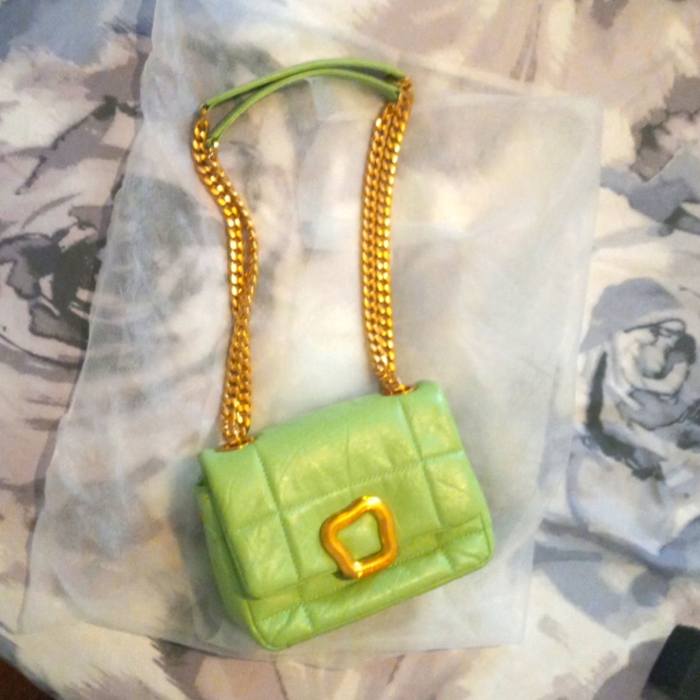 Songmont Lime Green Quilted Mini Bag with Gold Chain